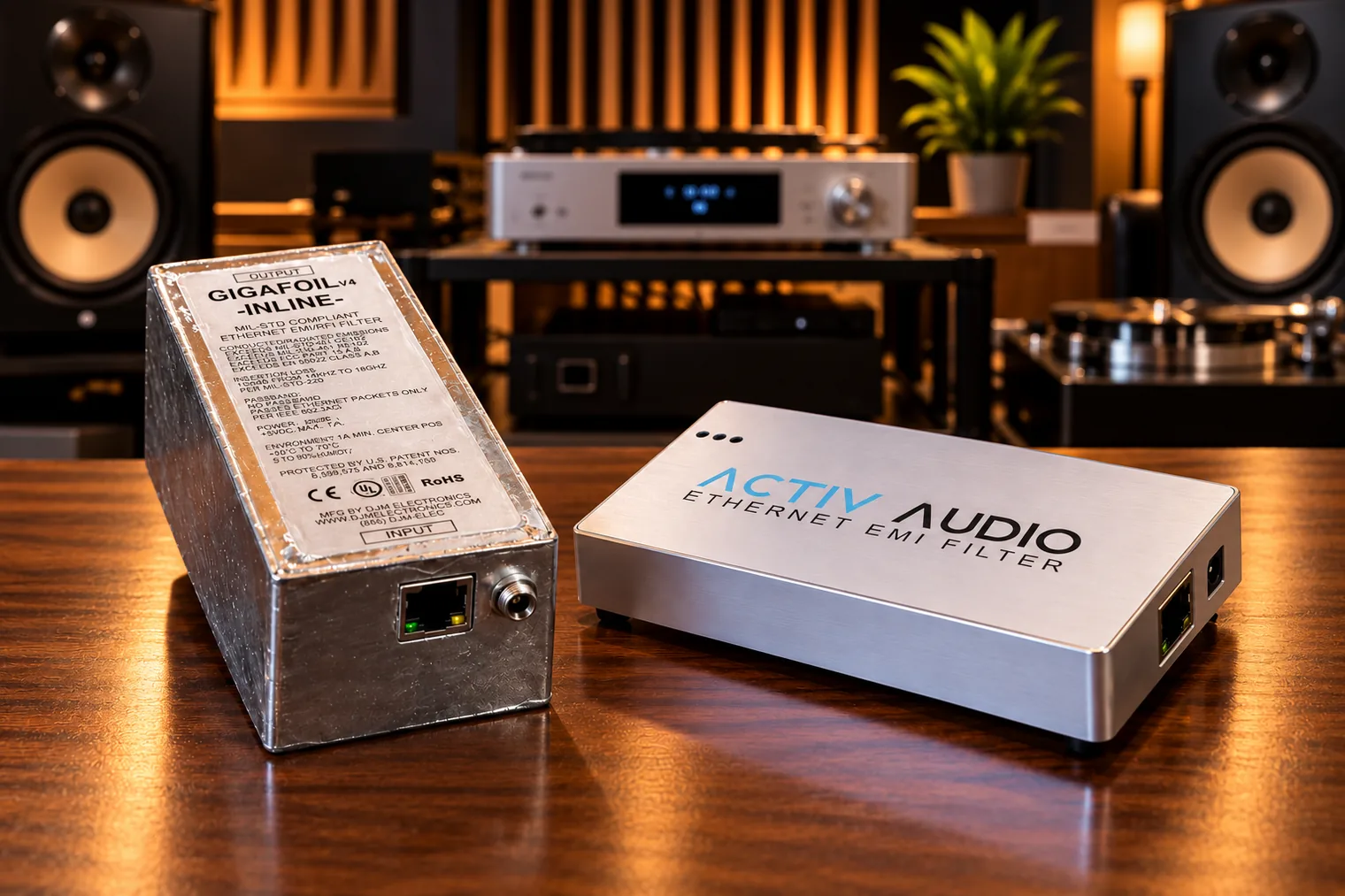The galvanized sheet metal GigaFOILv4-INLINE industrial filter beside the ACTIV AUDIO filter in front of a hi-fi system