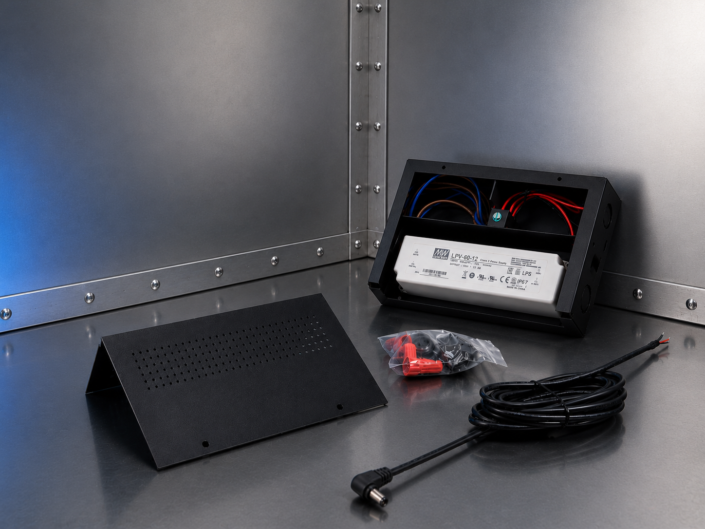 ACTIV 10G Hardwire Kit — junction box, Mean Well LPV-60-12 power supply, barrel connector cable, and hardware