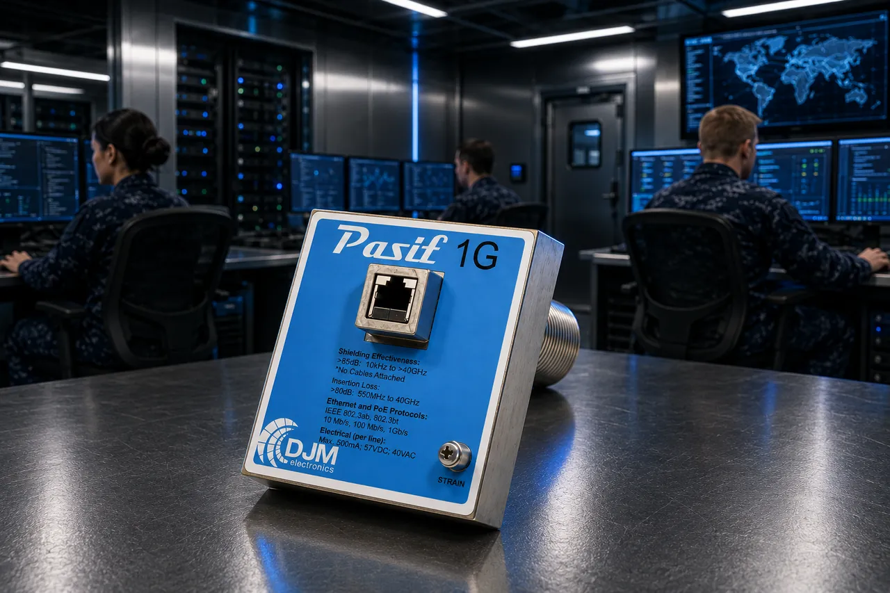 DJM Pasif 1G passive Ethernet EMI filter installed at a SCIF shield wall