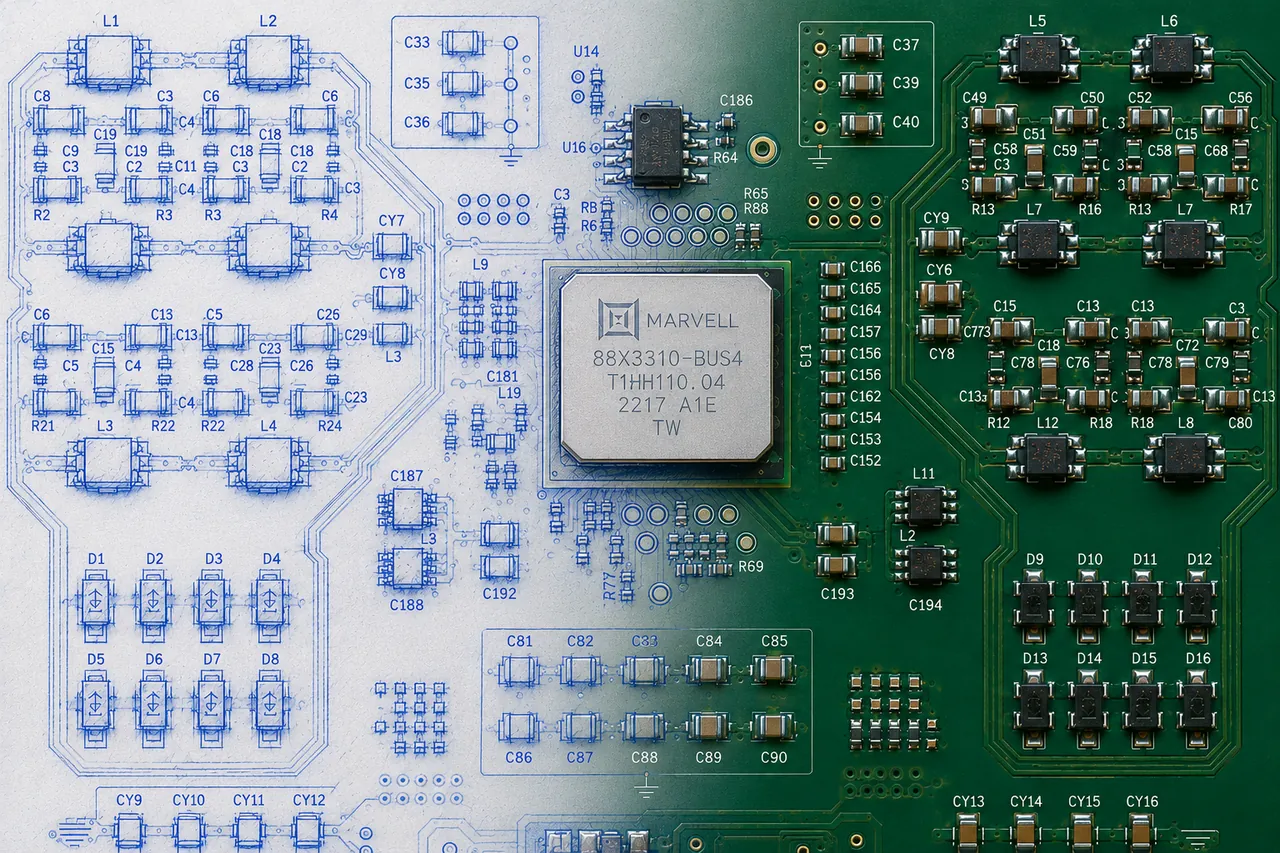 DJM Electronics ACTIV 10G PCB engineering blueprint transitioning to a real photograph, showing the Marvell 88X3310-B0-BUS4C000 PHY chip and stripline PCB architecture