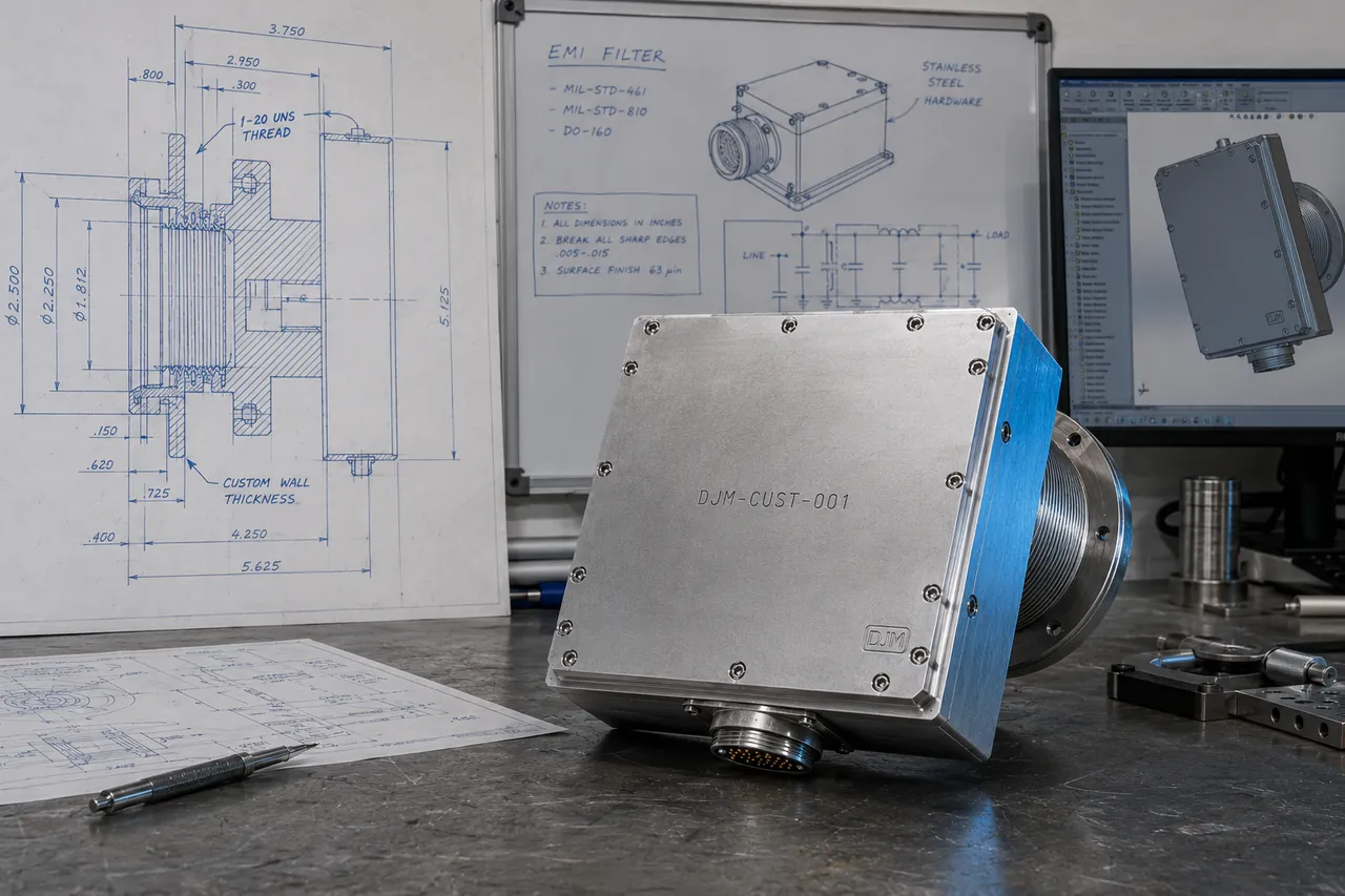 Custom DJM Electronics EMI filter housing with military circular connector, threaded shield wall penetration, and engineering drawings in background