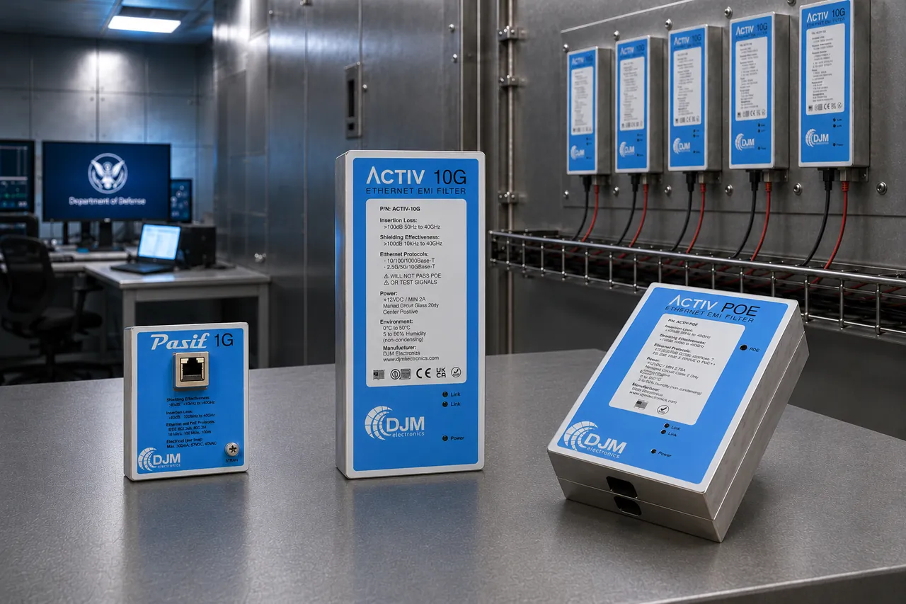 DJM ACTIV 10G, Pasif 1G, and ACTIV POE Ethernet EMI filters on a SCIF workbench with installed ACTIV 10G filters mounted on the shield wall in the background