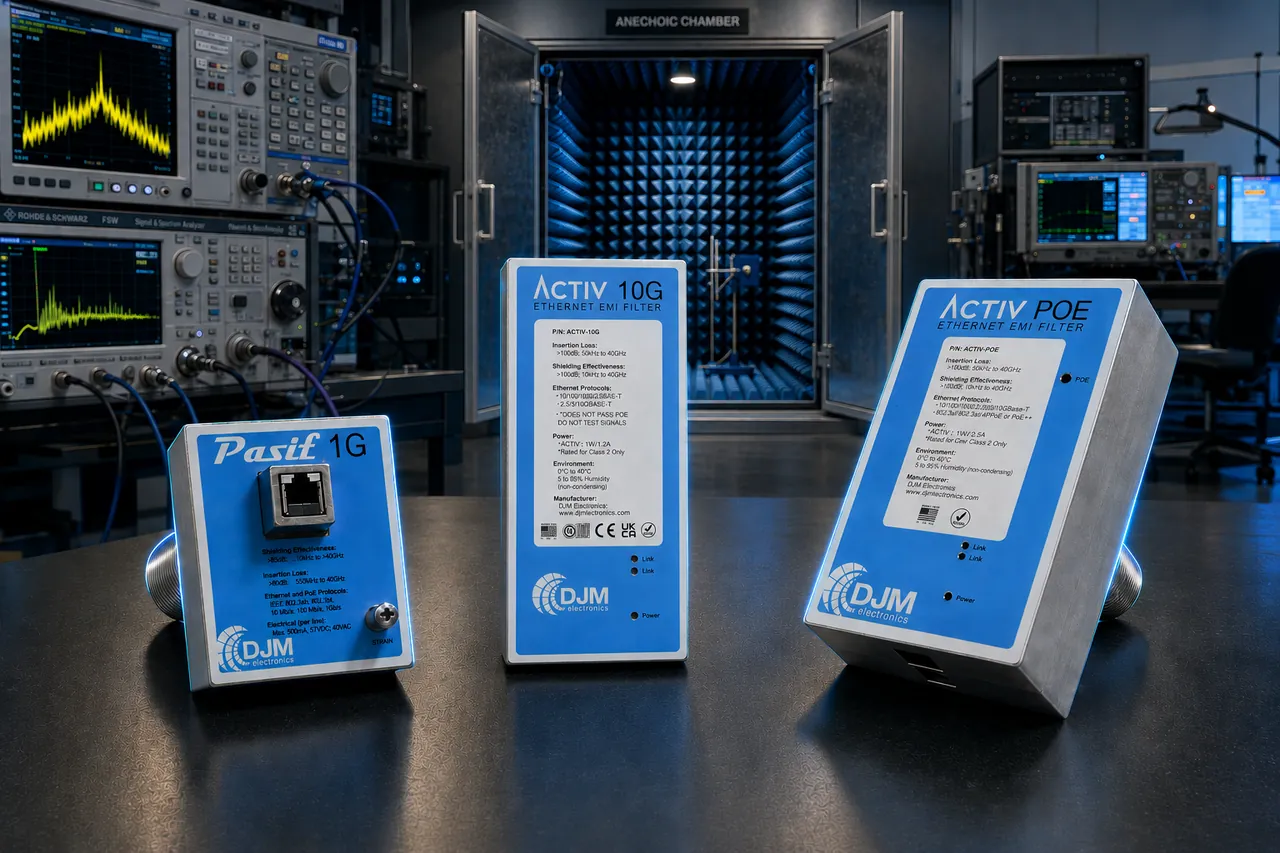 DJM Electronics ACTIV 10G, Pasif 1G, and ACTIV POE Ethernet EMI filters in front of an open anechoic chamber, with Rohde & Schwarz spectrum analyzers and EMC test equipment in the lab