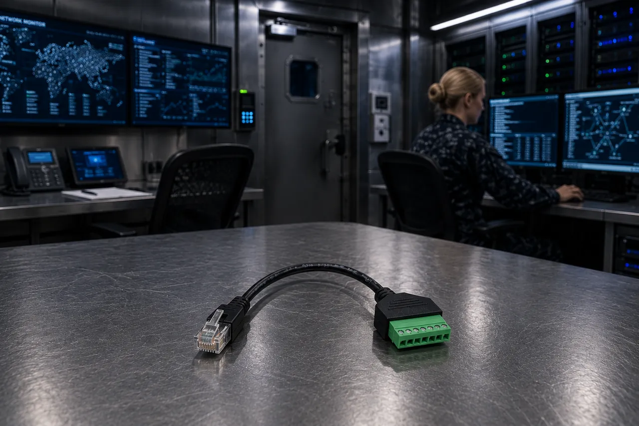 DJM RJ-45 to terminal block adapter that breaks the Pasif 1G's eight lines out to individual bare-wire terminals